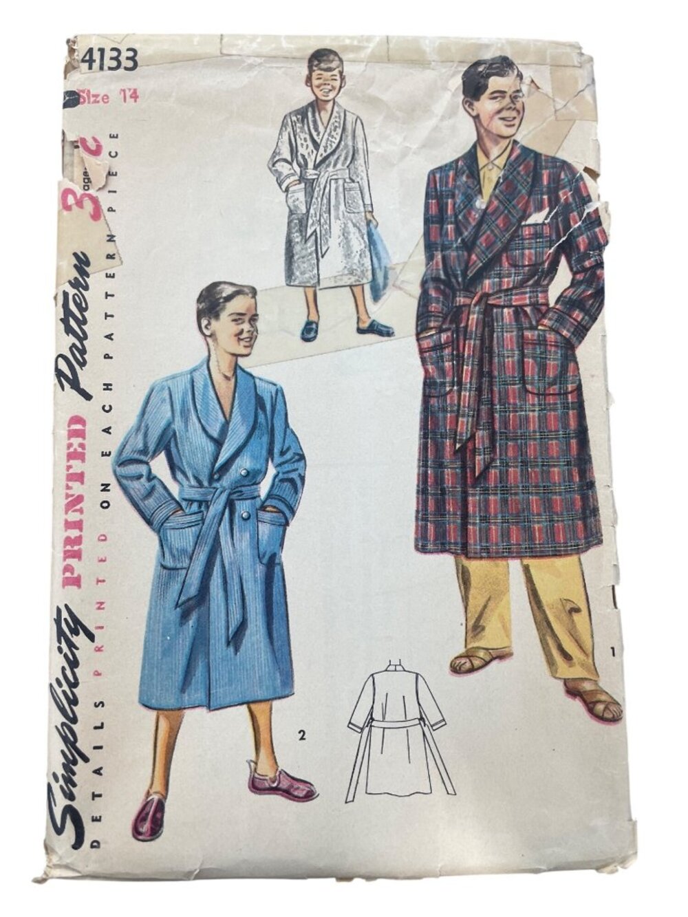 Vintage Simplicity 4133 Sewing Pattern Size 14 Boys Robe Shawl Collar Retro CUT